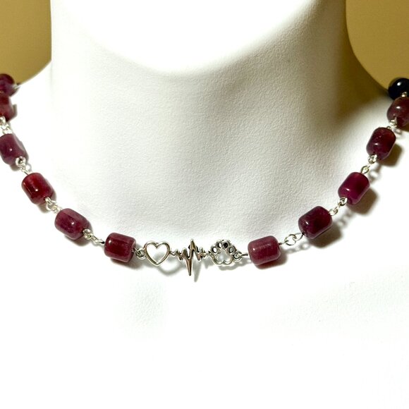 Genuine Magenta Chalcedony Short Necklace, Gemstone & Paw Print Heart Beat Charm - Picture 2 of 14